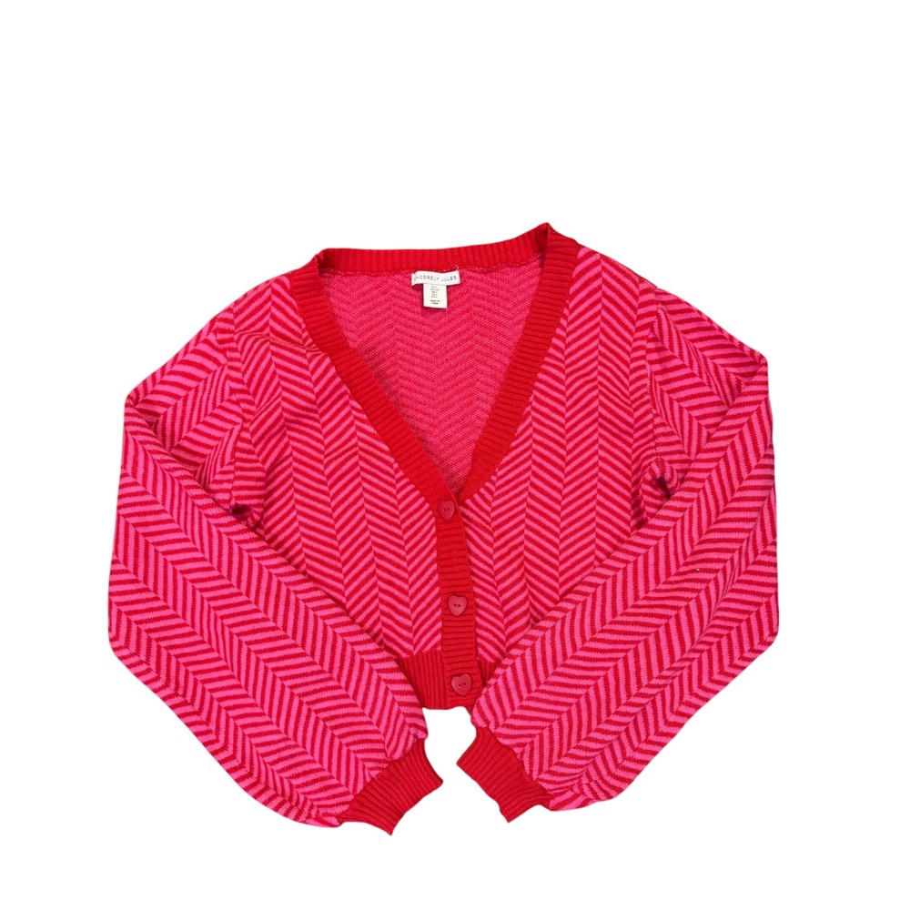Sincerely Jules Chevron Heart Button Cardigan Women Large Pink Red Cropped Knit